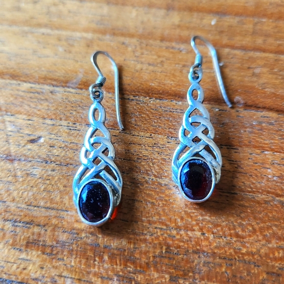 Sterling Silver Garnet Celtic Dangle Drop Earrings Ireland - Picture 1 of 5